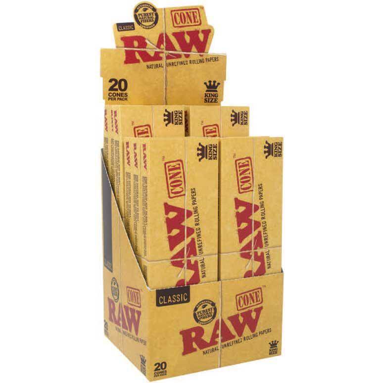 RAW Classic King Size Unbleached Cones 20-pack display box for effortless smoking.