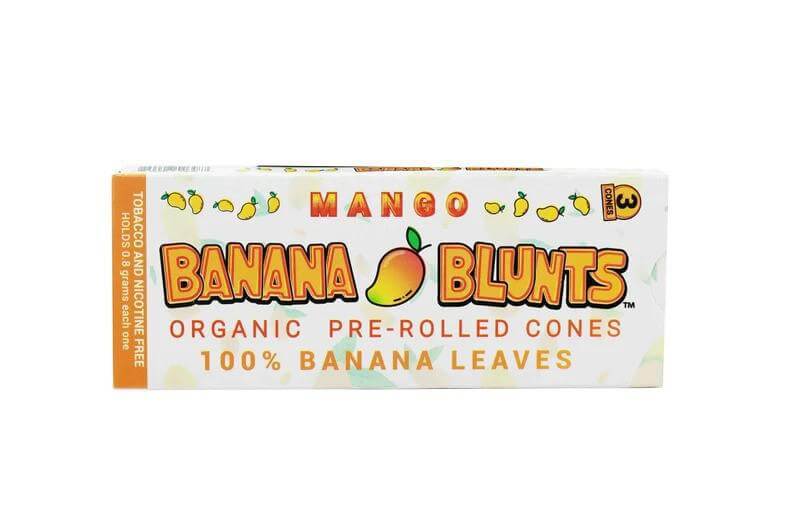 Mango-flavored Banana Blunts organic pre-rolled cones made from 100% banana leaves, tobacco-free and nicotine-free.