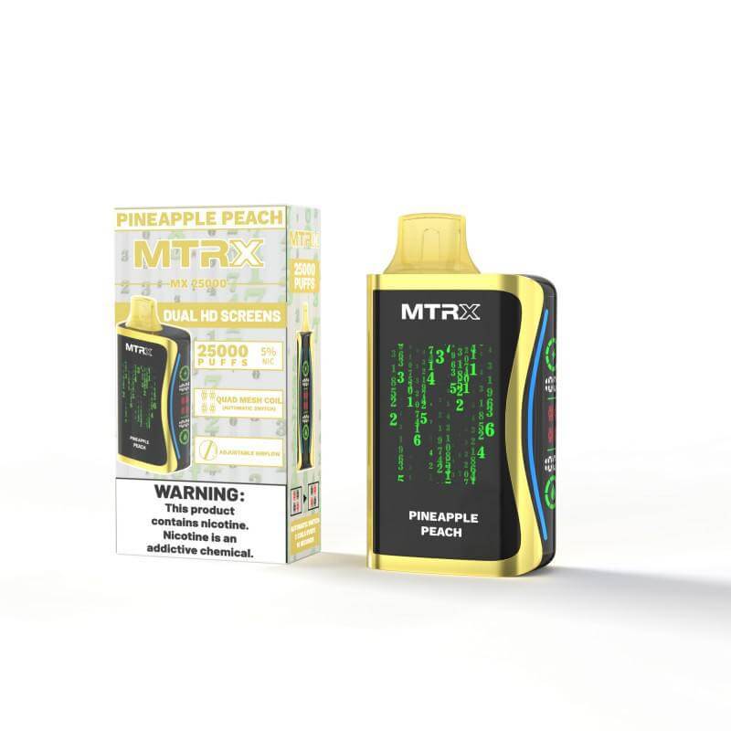 MTRX MX 25k Disposable Vape - Pineapple Peach flavor with dual HD screens and 25000 puffs.