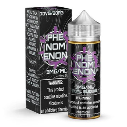 PHE-NOM-ENON 120ml e-liquid bottle and packaging, featuring warning labels and 3mg nicotine strength.