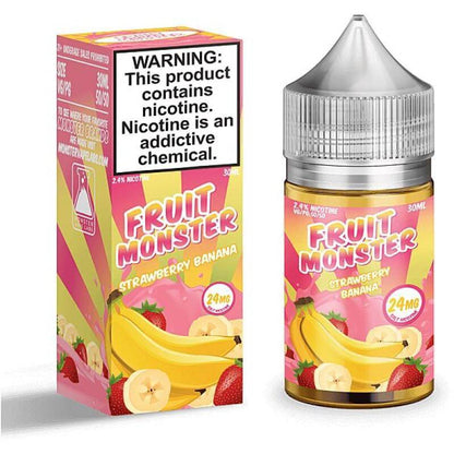 Fruit Monster Salt Nicotine 30ml e-liquid with Strawberry Banana flavor, featuring nicotine warning label.