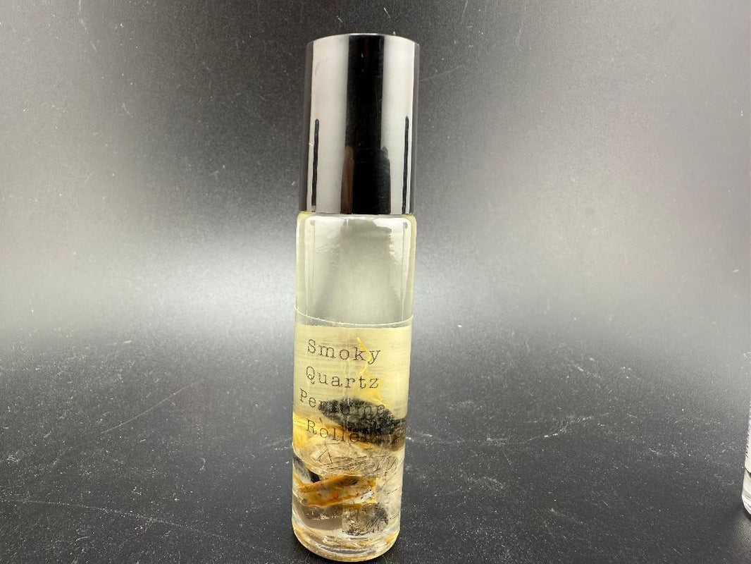 Crystal Perfume Roller with Smoky Quartz gemstone, infused with aromatherapy oils for a unique scent experience.