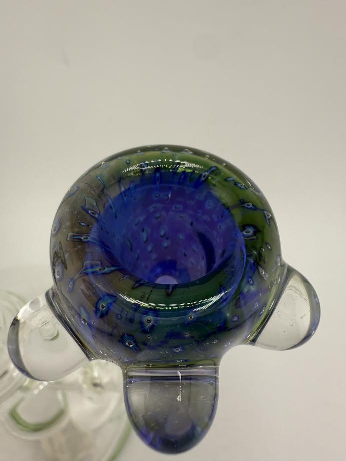 Crondo Glass Fumed Bubble Trap Bowl with blue and green hues, showcasing textured fume work and suspended air bubbles.
