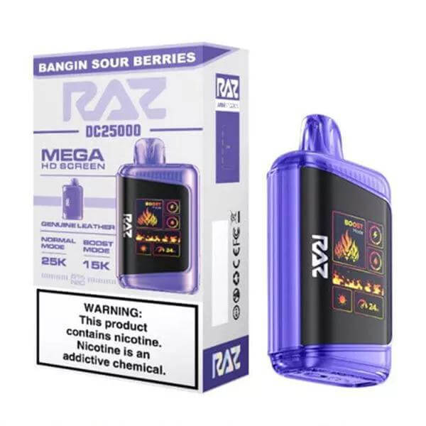 Raz 25 Disposable Vape with HD screen and Sour Berries flavor, highlighting luxury and performance in vaping.