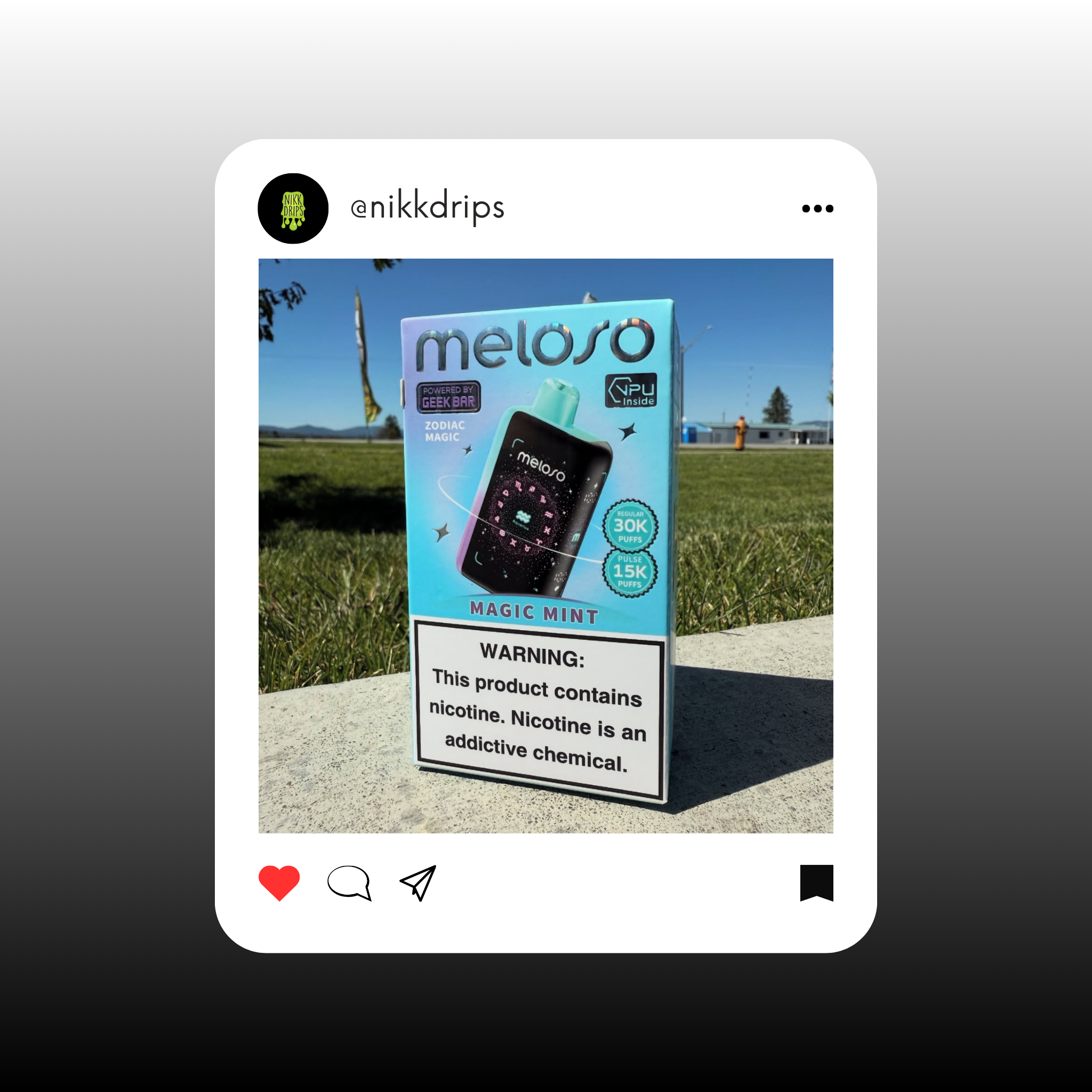 Meloso vape product box in Magic Mint flavor displayed on a grassy field, with a warning about nicotine addiction.
