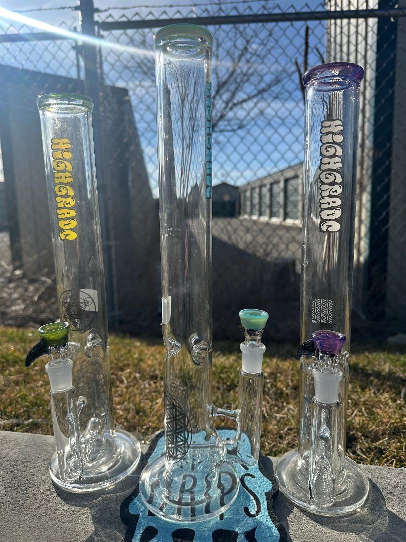 HighGrade Glass Straight Flower Tube - 16" Color Accent w/ Sacred Geometry Bake On 14mm 90°
