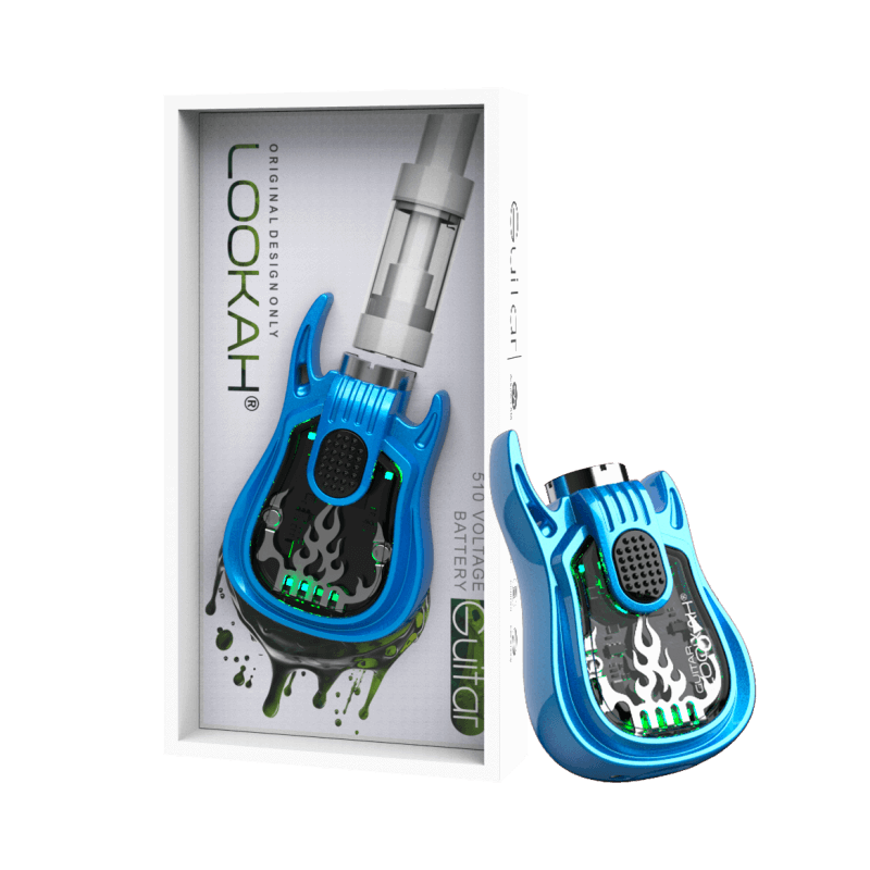 Lookah Guitar 510 thread vape battery in blue packaging, featuring a unique guitar design and vibrant colors.