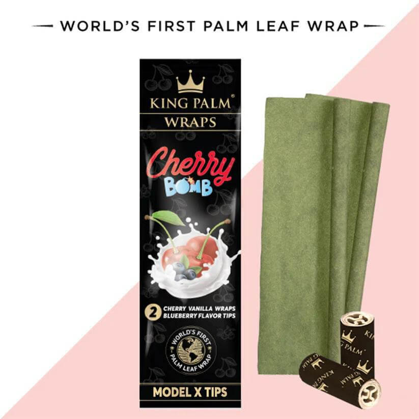 King Palm Cherry Bomb wraps with Model X tips, featuring organic palm leaf wraps and blueberry flavor tips.