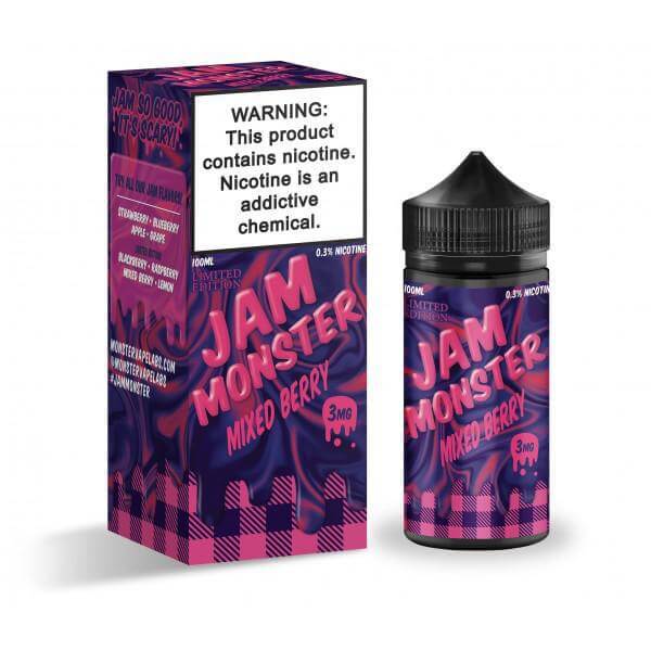 Jam Monster 100ml e-liquid bottle and box featuring mixed berry flavor, showcasing vibrant packaging design.