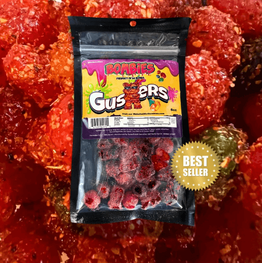 Bombies Gushers candy package featuring bold flavors and bold 'Best Seller' badge on vibrant background.