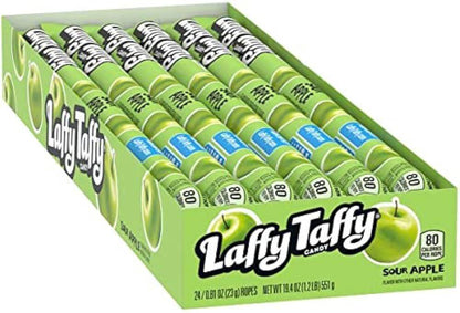 Laffy Taffy Ropes box showcasing Sour Apple flavor with bright green packaging and multiple candy ropes.