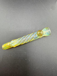 Home Blown Glass Chillum Pipe - Fumed & Twisted w/ Millie Accent on a dark background.