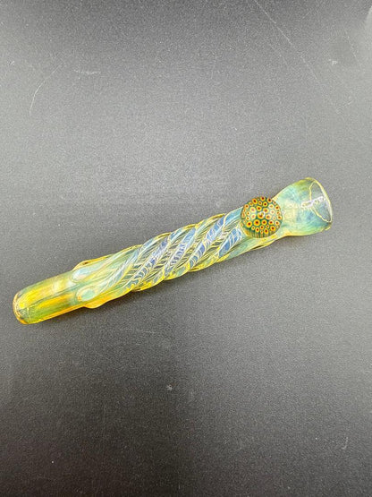 Home Blown Glass Chillum Pipe - Fumed & Twisted w/ Millie Accent on a dark background.