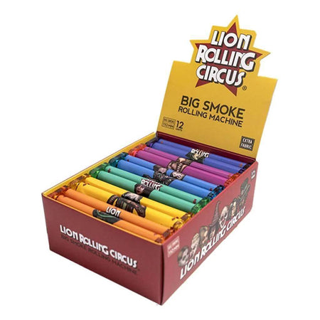 Lion Rolling Circus 79mm rolling machines in a colorful display box showcasing 12 vibrant rollers.