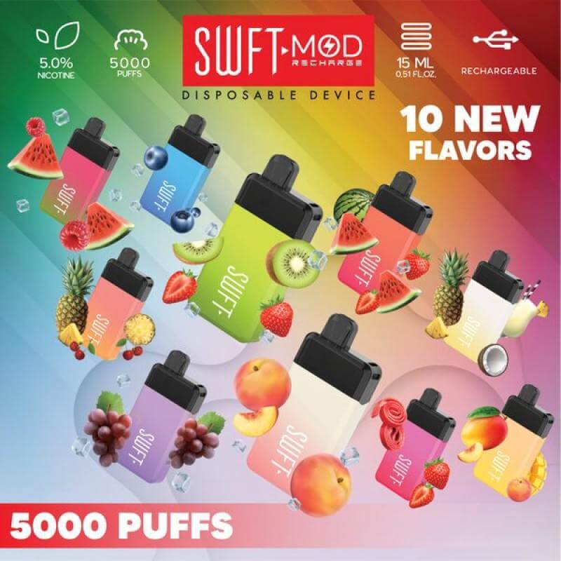 SWFT Mod 5k Disposable Vape featuring 10 new flavors and 5000 puffs in a vibrant layout.