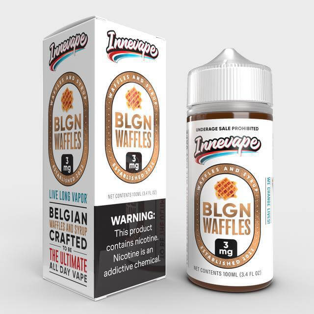 Innevape 100ml BLGN Waffles e-liquid bottle and packaging, featuring Belgian waffles and syrup flavor.