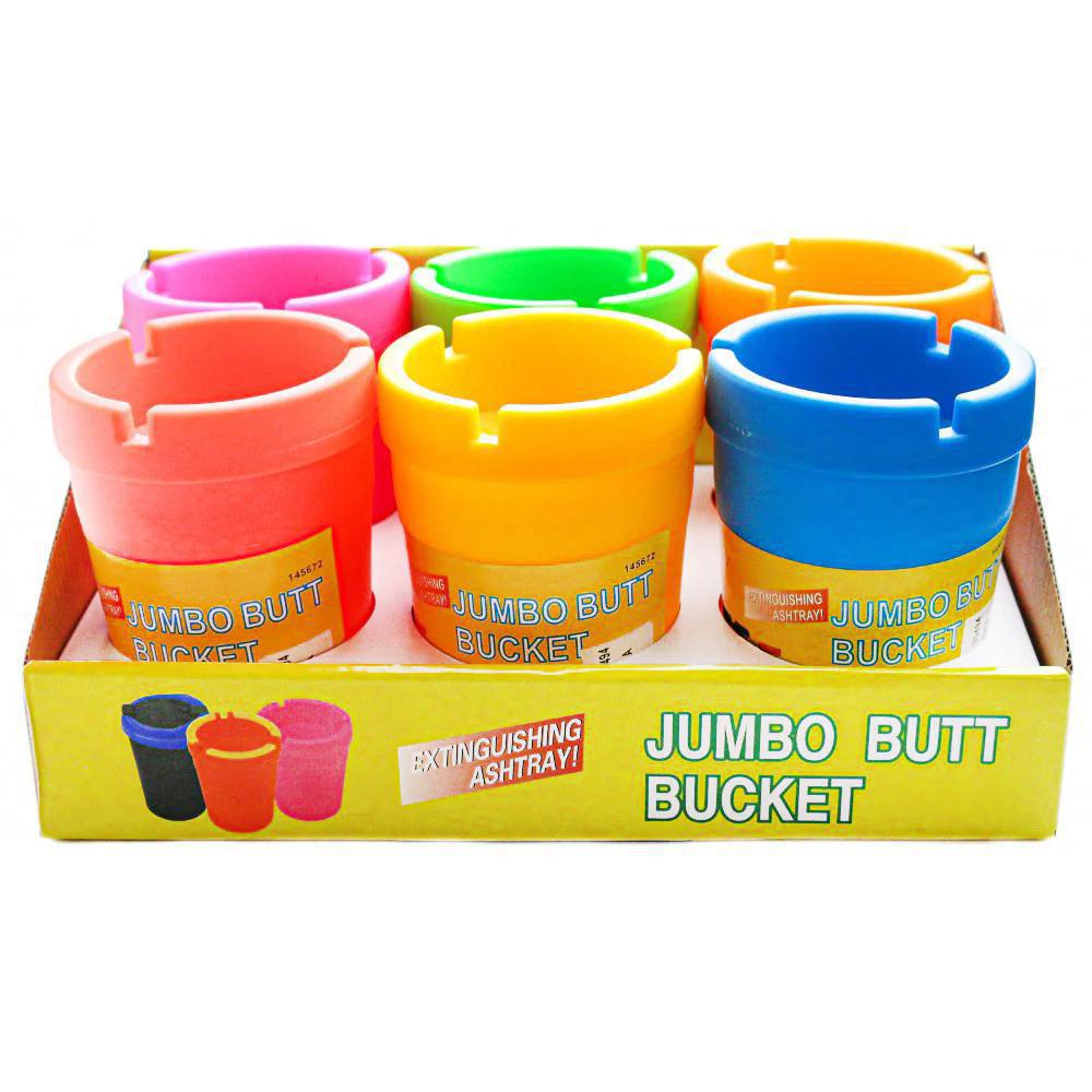 Colorful Jumbo Butt Buckets displayed in a box, ideal for keeping smoking areas clean and organized.