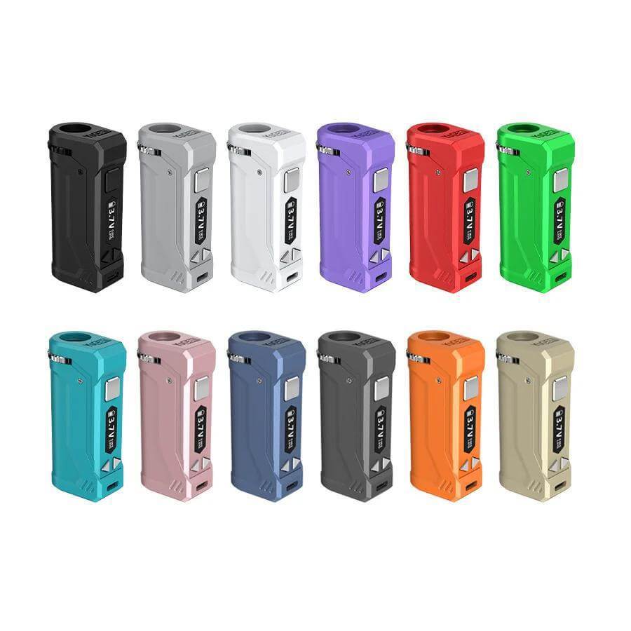 Colorful Yocan Uni Pro portable vaporizer mods in various shades including black, white, purple, and green.