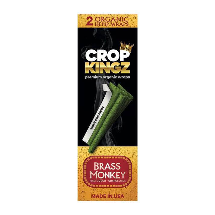 Crop Kingz Brass Monkey Organic Hemp Wraps, 2pc pack featuring premium smoke wraps with whiskey and orange juice flavor.