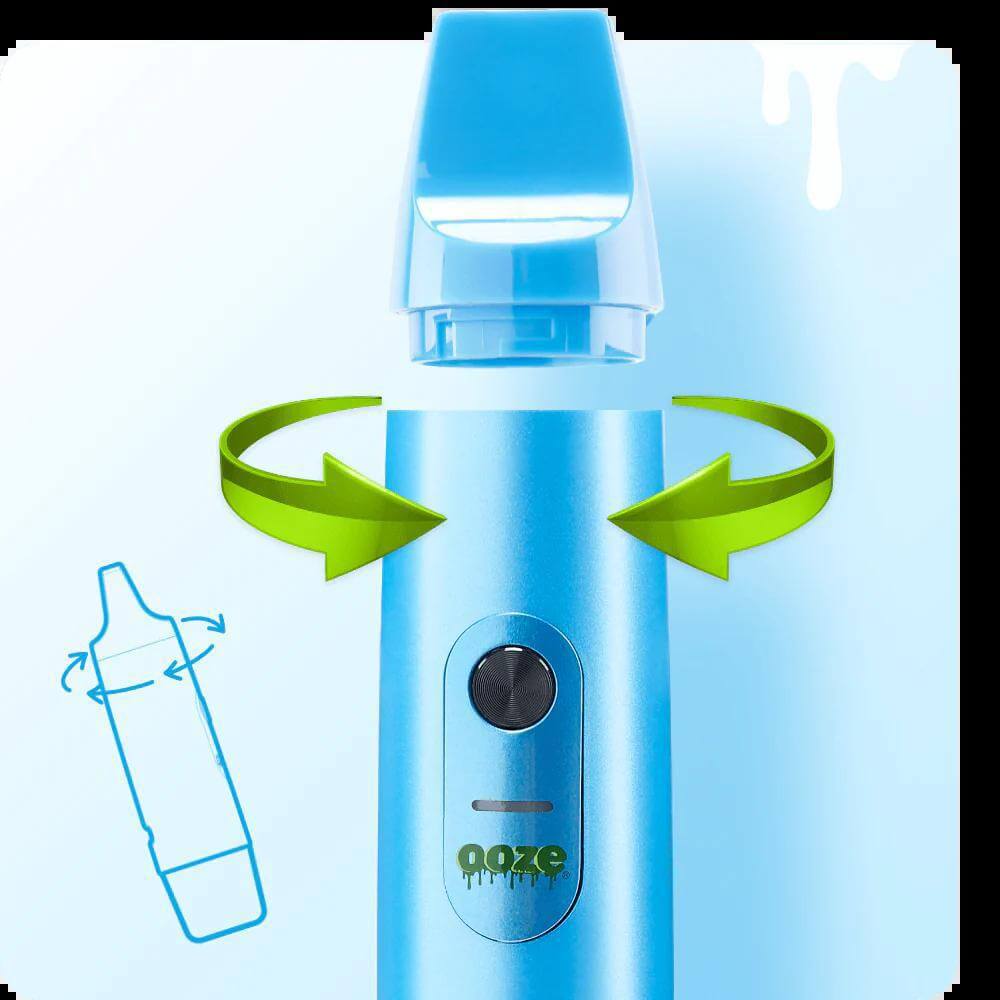 Ooze Booster Extract Vaporizer in Arctic Blue with user-friendly design and rotating features for easy operation.