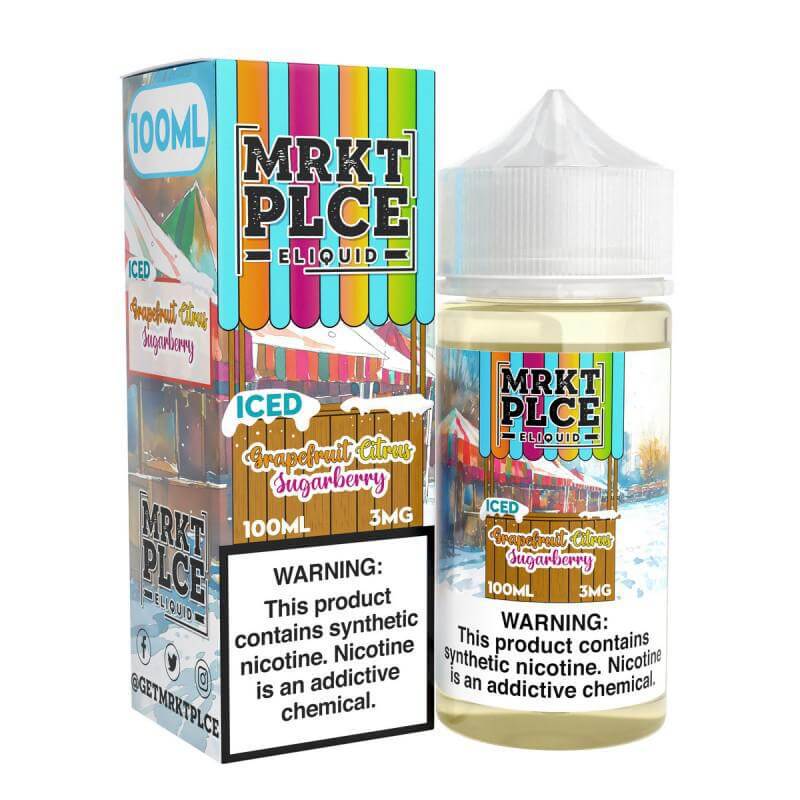 MRKT Place Iced 100ml eJuice, featuring menthol and sugarberry flavors, with warning labels about nicotine addiction.