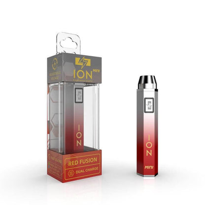 ION Mini Fusion 510 Battery with packaging, designed for use with 510 thread cartridges, sleek red design.