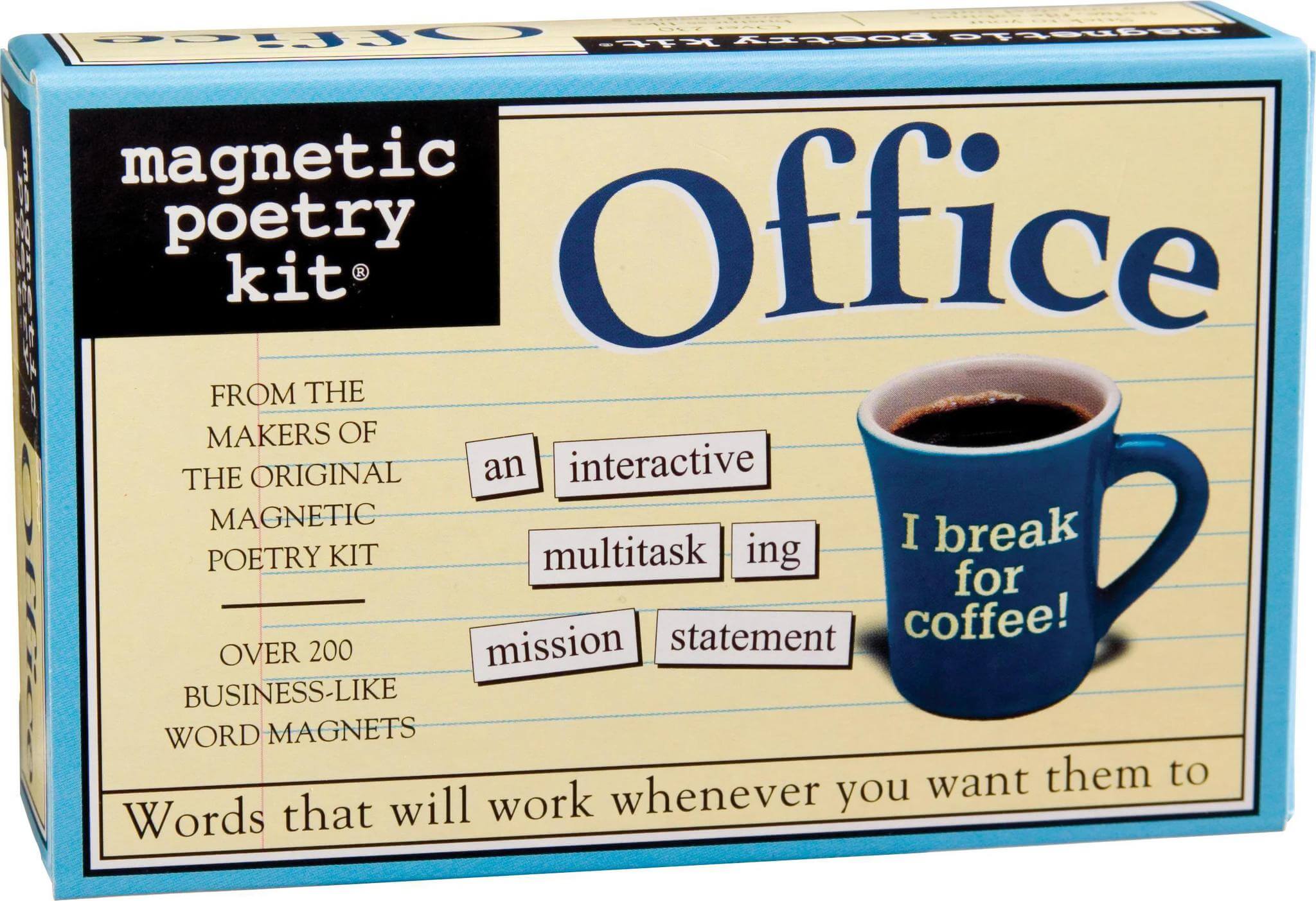 Magnetic Poetry Kit Office edition featuring word magnets for creative expressions with coffee mug in background.