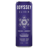 Odyssey Mushroom Elixir Sparkling Energy Drink in Blackberry Lemonade flavor, with 85mg caffeine and mushroom extracts.