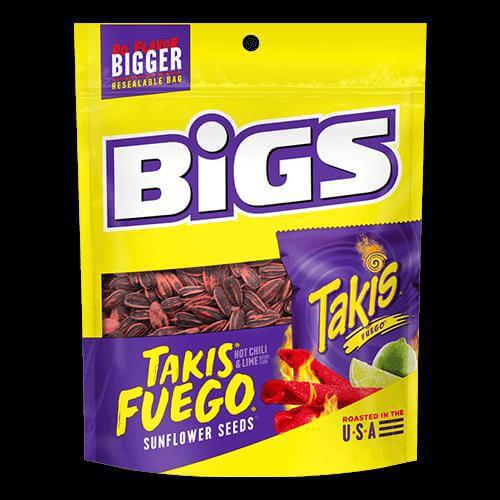 Bigs Takis Fuego sunflower seeds, 5.35 oz resealable bag featuring bold hot chili and lime flavor.