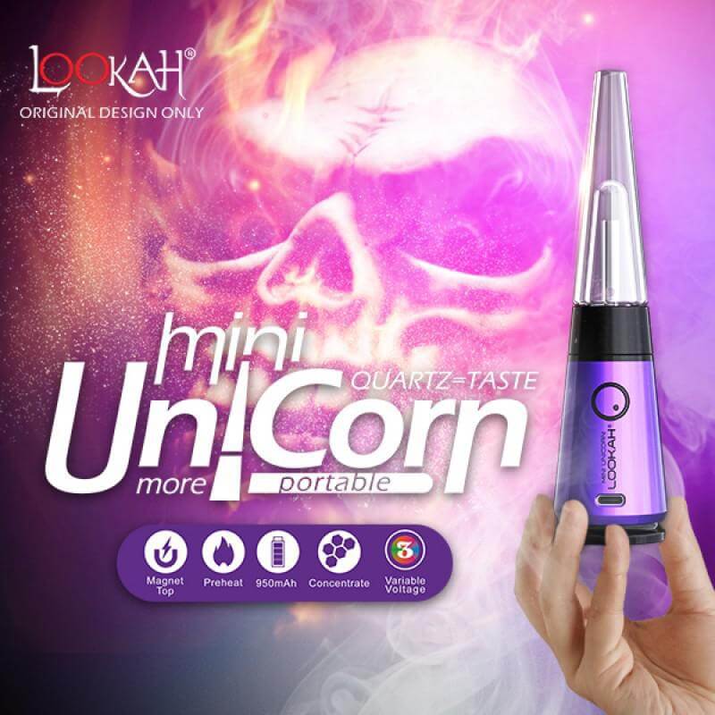 Lookah Unicorn Mini electric dab rig with quartz taste, featuring a magnetic top and variable voltage settings.