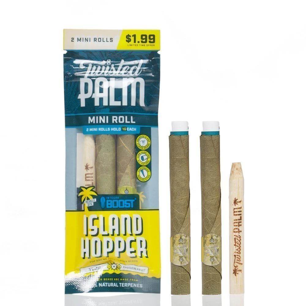 Twisted Palm Mini Roll 2pc pack with Island Hopper flavor, featuring two premium rolling cones.