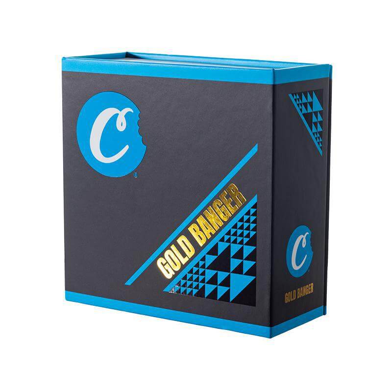 Cookies Gold Banger packaging box with blue accents and iridescent gold design, promoting premium quartz banger products.