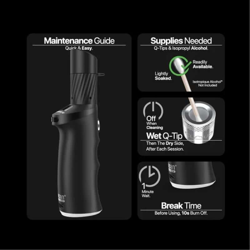 Maintenance guide for Yocan Black Phaser ACE 2 Vaporizer, showing supplies needed and cleaning instructions.