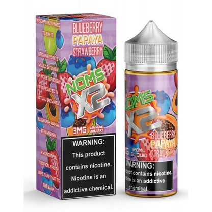 NOMS X2 120ml E-Liquid featuring blueberry, papaya, and strawberry flavors with a warning label about nicotine.