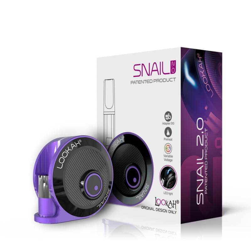 Lookah Snail 2.0 cartridge battery in purple with packaging, featuring updated design and top indicator light.