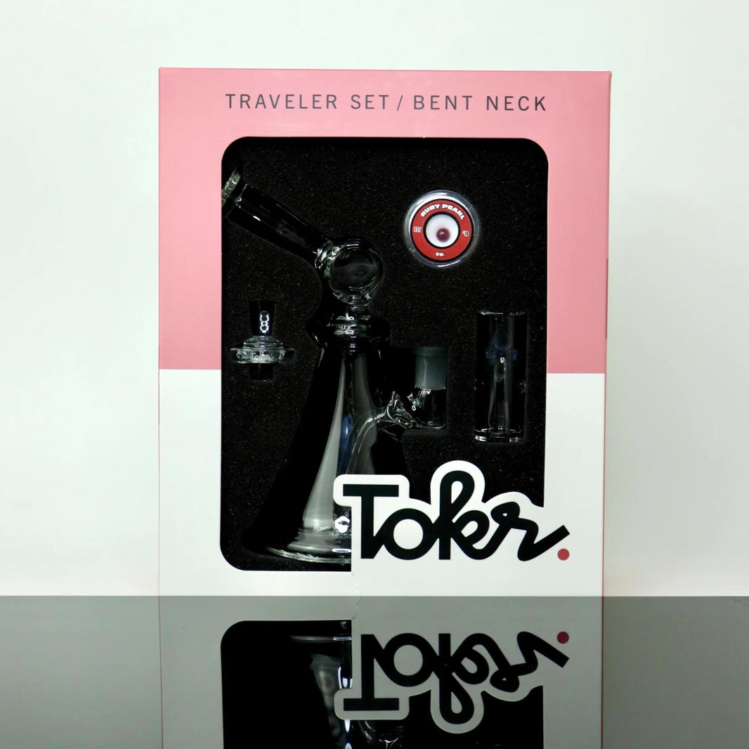 Tokr Glass Rig Kit - Bent Neck in travel set packaging with quartz spinner and glass cap.