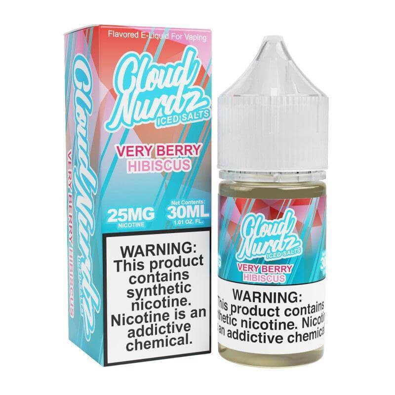 Cloud Nurdz Iced 30ml Very Berry Hibiscus e-liquid with nicotine warning label.