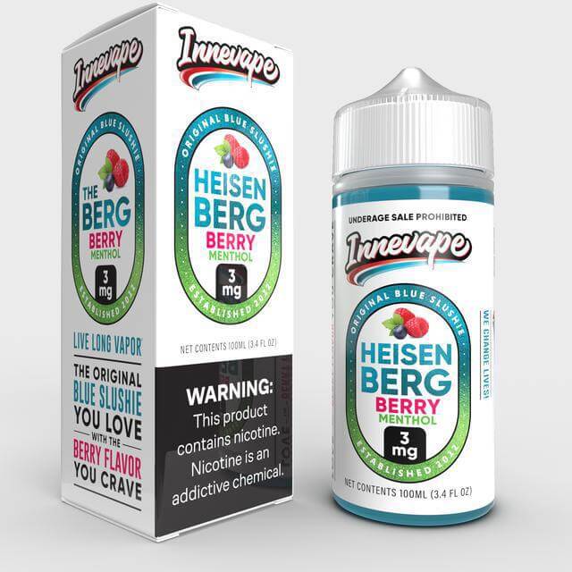 Innevape Heisenberg Menthol 100ml e-liquid bottle and box showcasing vibrant design and nicotine warning.