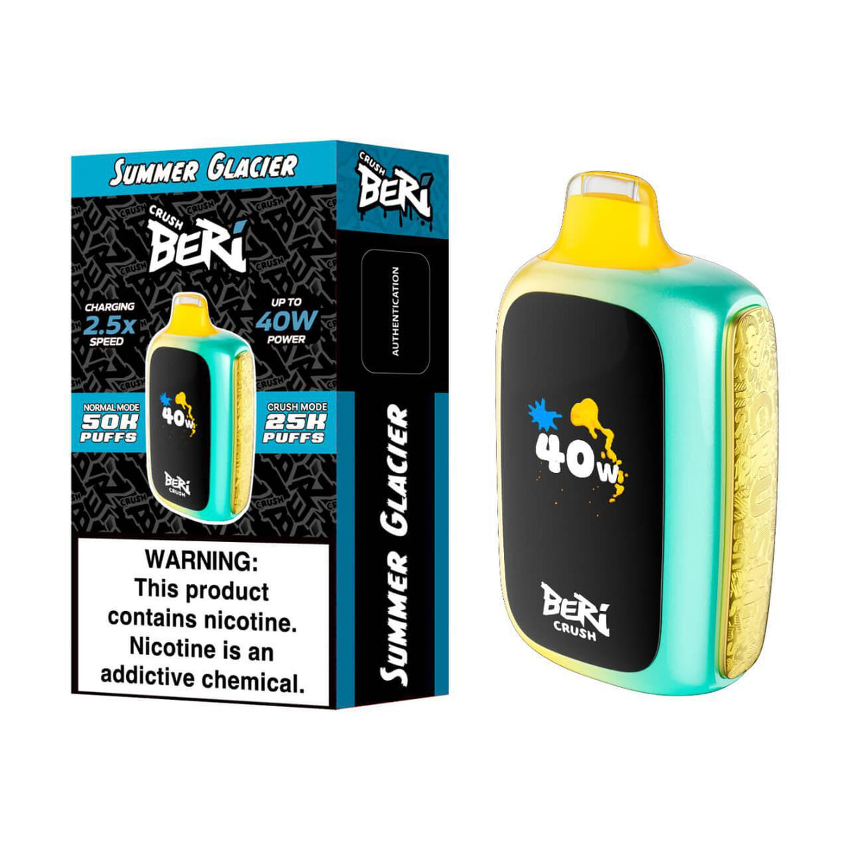 BERI CRUSH Summer Glacier Disposable Vape with 50K puffs and 40W power, featuring bold flavors and vibrant packaging.