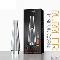 Lookah Unicorn Mini Bubbler and packaging, replacement glass for electric dab rig, silicone mouthpiece included.