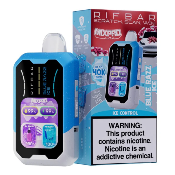 RIFBAR MIXPRO Disposable Vape featuring Blue Razz Ice flavor, packaging showcases 40,000 puffs and ice control.