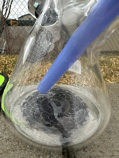 HighGrade Glass Flower Beaker - Simple Color Accent w/ Sacred Geometry Bake On, Marble Attachment and 4 Hole Slide