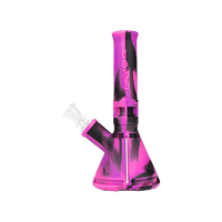 Eyce Molds Mini Beaker in pink and black silicone, compact water pipe with tool holders and storage.