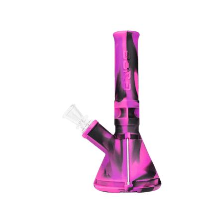 Eyce Molds Mini Beaker in pink and black silicone, compact water pipe with tool holders and storage.