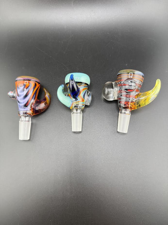 Highgrade Mike Heady Horned Bowls in vibrant colors and unique designs, showcasing elite flame-work craftsmanship.