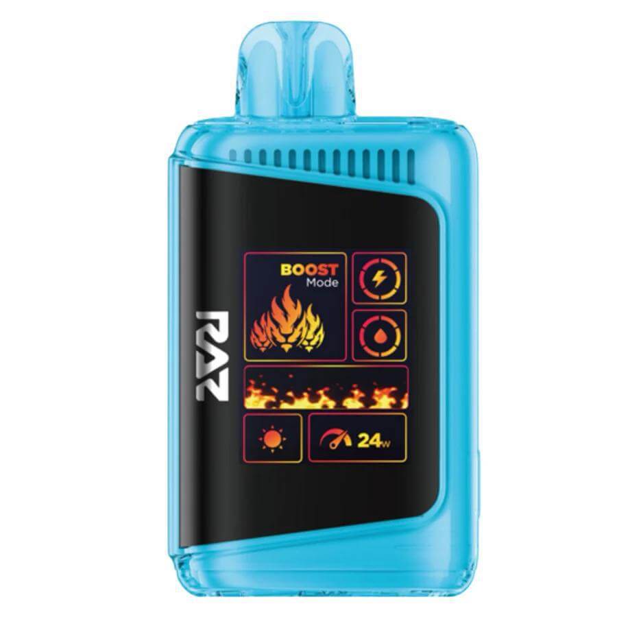 Raz 25 Disposable Nicotine Vape in blue, showcasing boost mode and power settings for an enhanced vaping experience.