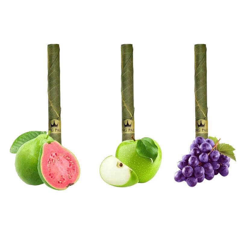 King Palm Hemp Wrap Singles in Grape HD, Guava the Great, and Green Apple flavors with fresh fruit.