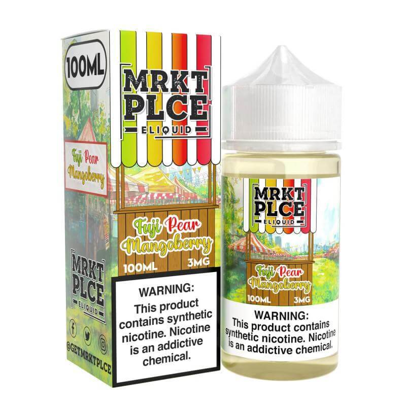 MRKT Place 100ml e-liquid bottle and box, featuring Taffy Pear Mangoberry flavor and nicotine warning.