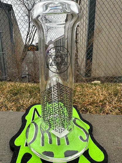 HighGrade Glass Flower Straight Tube - Sacred Geometry Bake On w/ Colored Accents 14mm 45°