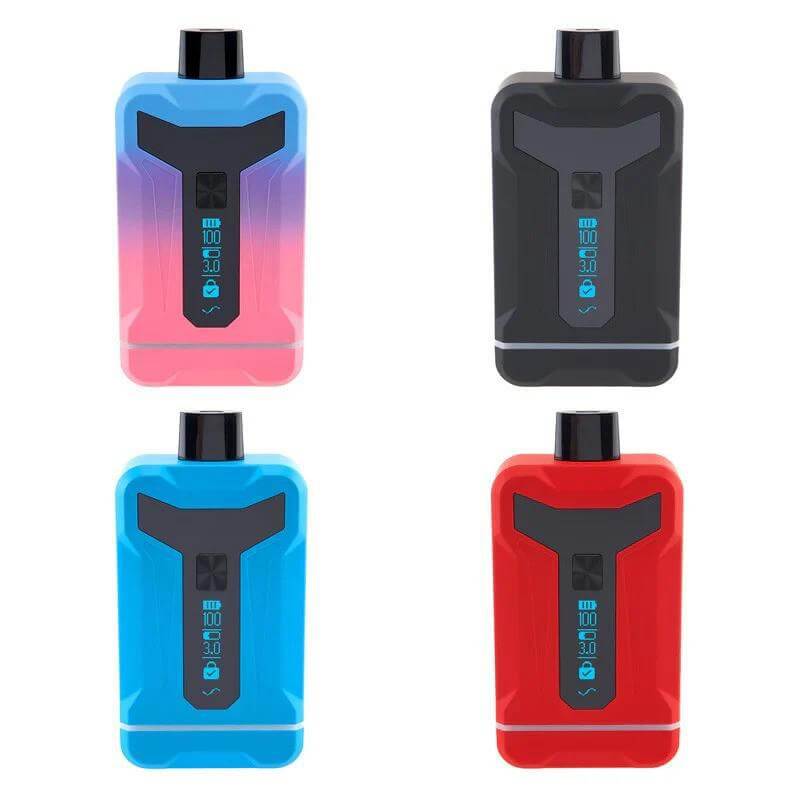 Ooze Duet 510 battery colors, showcasing blue, red, black, and gradient designs with digital screens and controls.